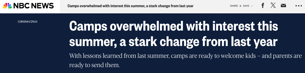 North Star Camp appears in an NBC News article about camps making a comeback in 2021 after the COVID-19 pandemic.