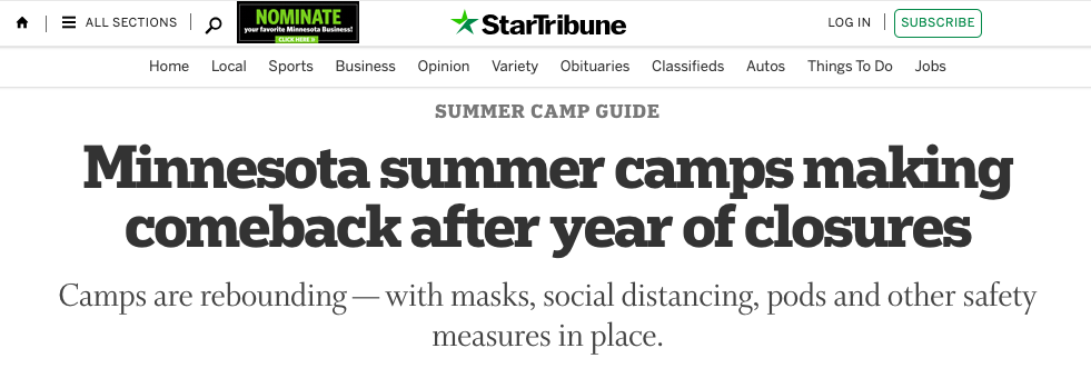 North Star Camp appears in a Star Tribune article about camps making a comeback in 2021 after the COVID-19 pandemic.