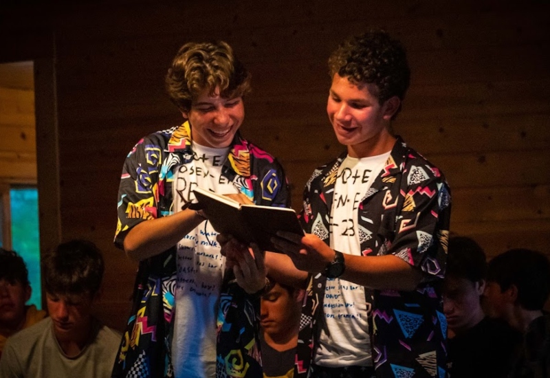 Two North Star Camp campers perform in a camp musical theater production.