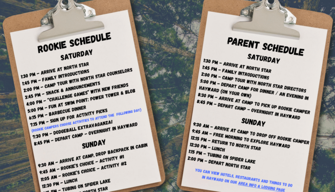 North Star Camp Rookie Weekend schedule for families who are exploring North Star as a summer camp for their sons!