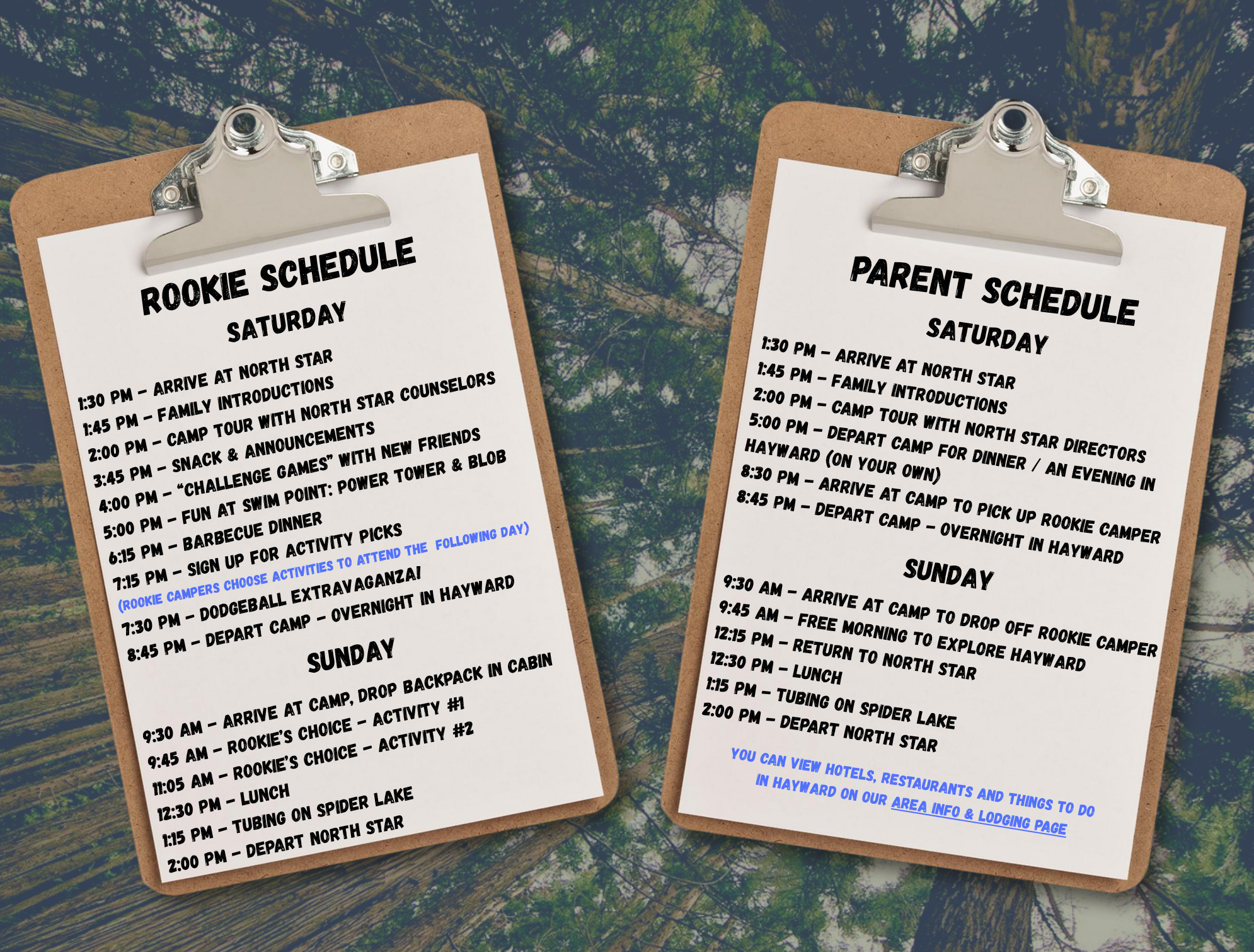 North Star Camp Rookie Weekend schedule for families who are exploring North Star as a summer camp for their sons!